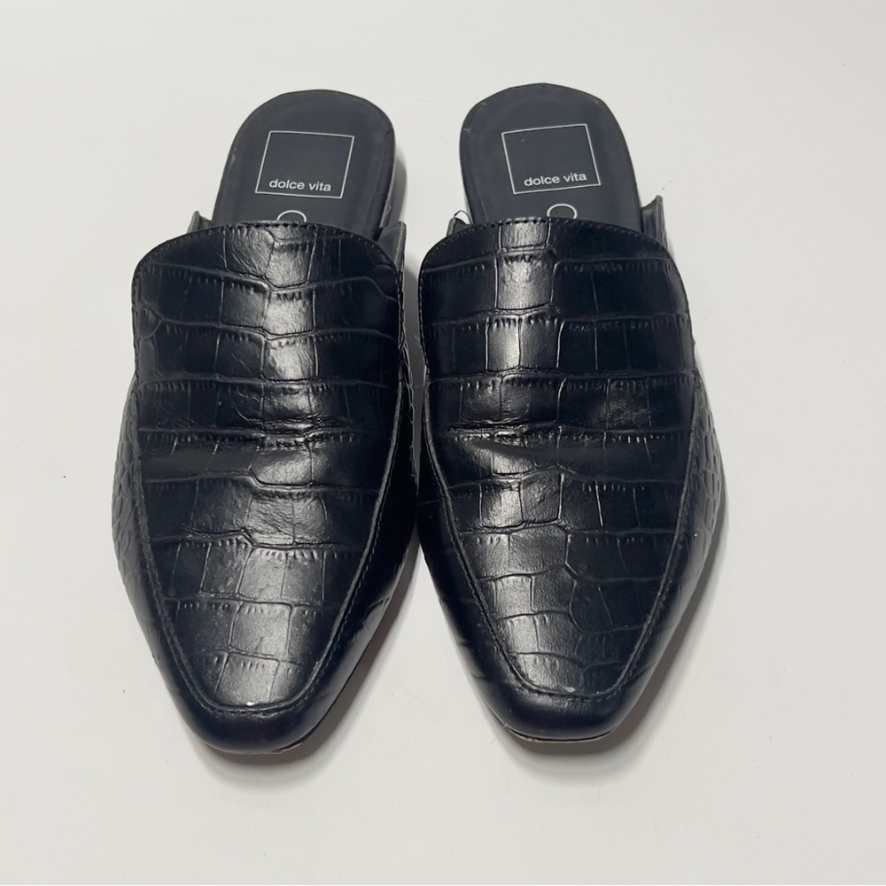 DOLVE VITA Clear Women’s Size 8 Black Slip On Mules. Reptile pattern. Low Heel - Picture 3 of 8